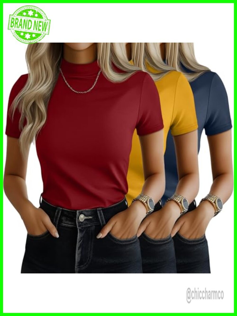 Mock Neck Short Sleeve Tops 3 Pack Soft Stretch Basic Tees